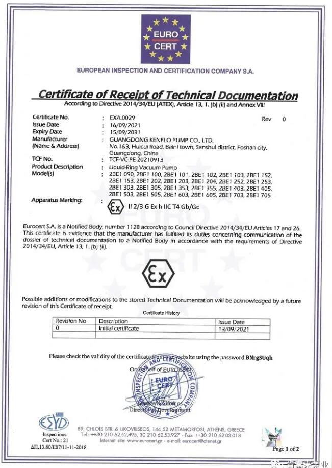 肯富来2BE1系列液环真空泵通过了欧盟产品防爆认证